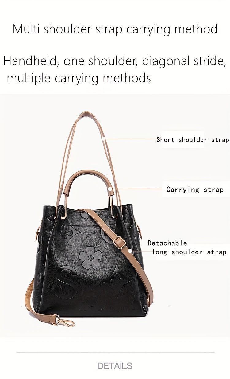 Elegant Flower Embossed Handbag, Fashionable Satchel Bag For Work, Classic All-Match Bag