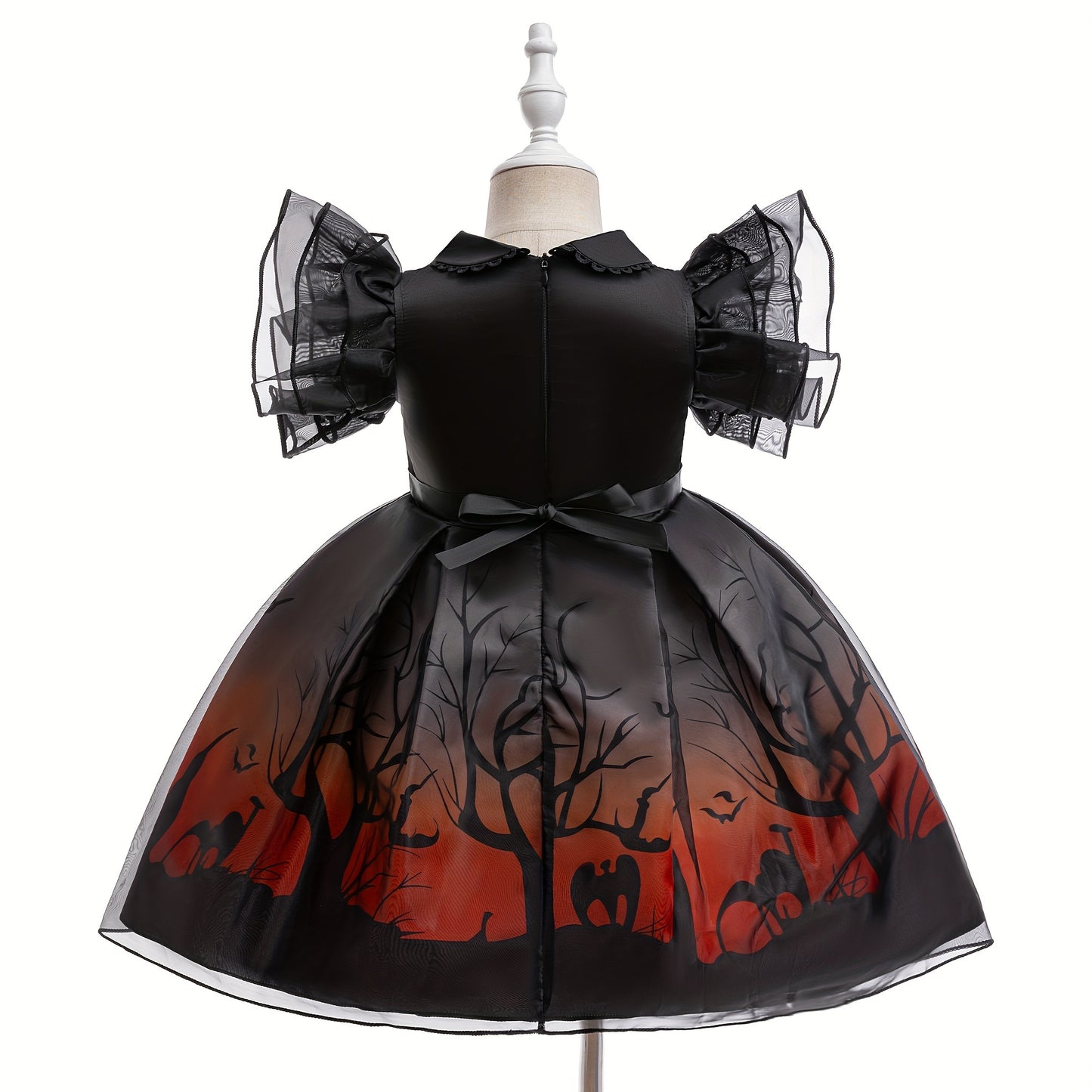 Girls Stylish & Fancy Layered Mesh Sleeve Cartoon House & Trees Pattern Tutu Dress, Halloween Inspired Gown For Party