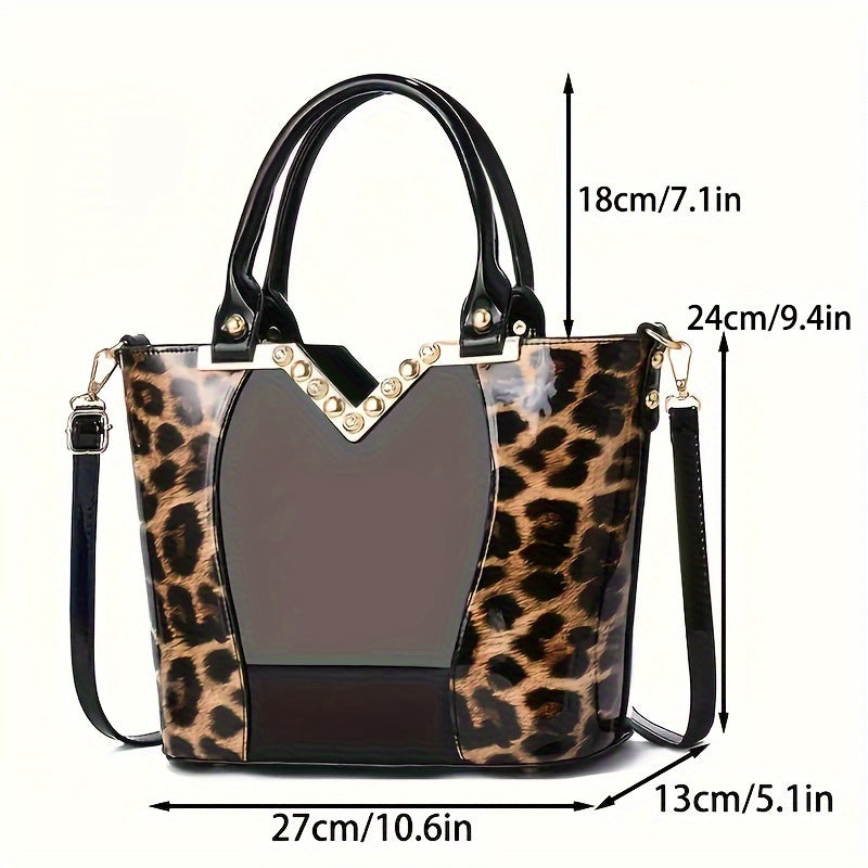 Elegant Leopard Pattern Handbag, Bright PU Leather Crossbody Bag, Fashion Double Handle Purse For Women