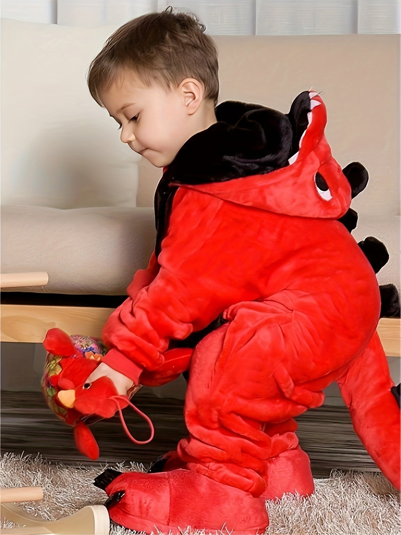 1pc Boys Cozy Dinosaur Hooded Jumpsuit For Halloween Parties.