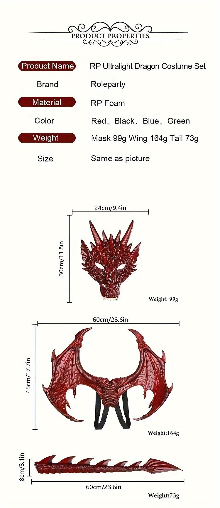 Dragon Costume Set for Bar and Bat Mitzvah, General Fit, Halloween and Universal Holidays, Superhero Theme Party Games and Activities, Plastic Prop Accessories Without Electricity or Feathers