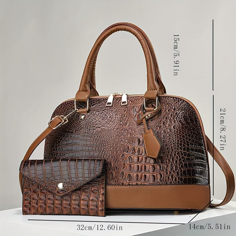 Elegant Crocodile Pattern Tote Bag With Detachable Shoulder Strap, Crossbody Bag With Zipper Closure, Fashion Handbag