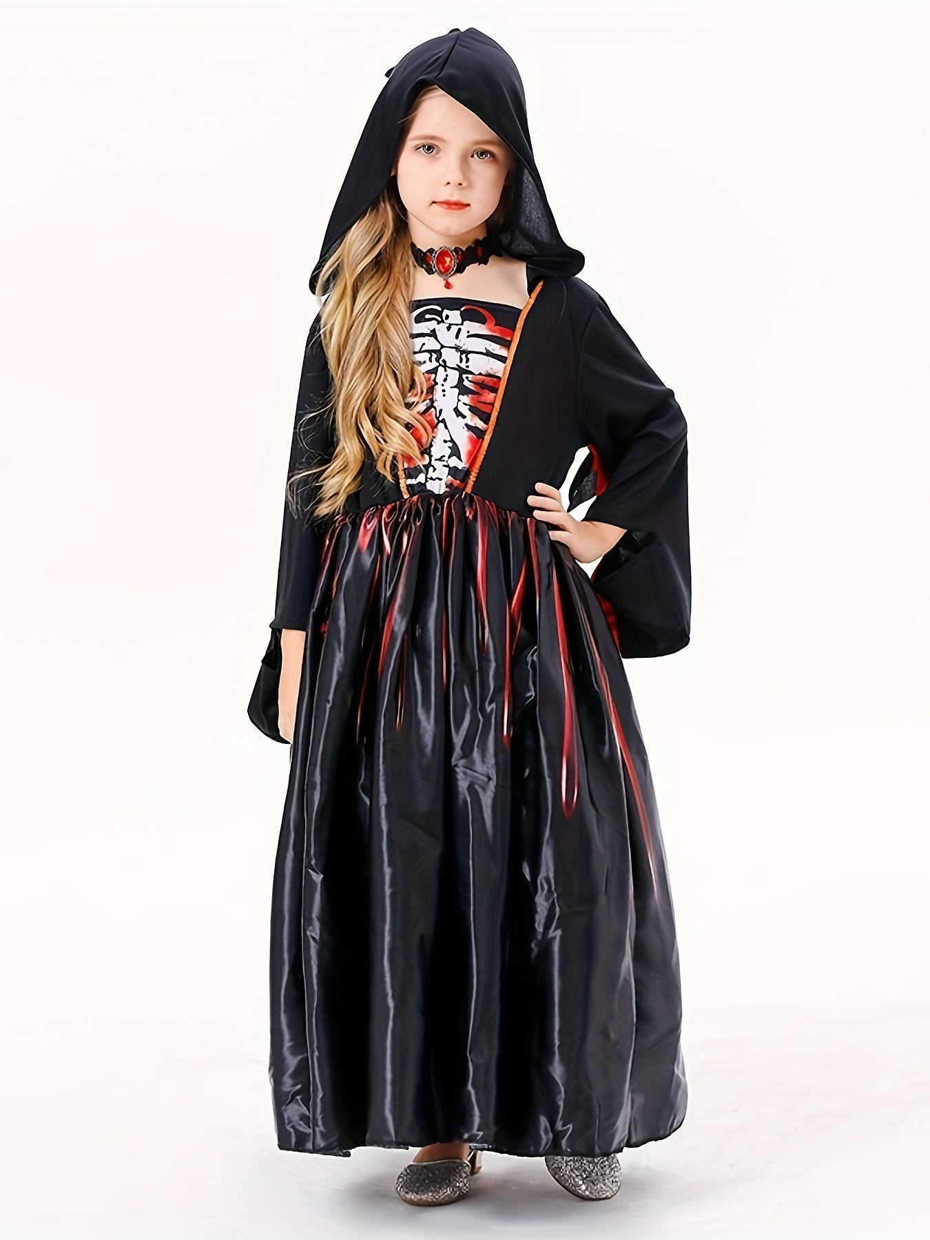 Kids' Halloween Witch Costume - Spooky Black Skull Hooded Long Sleeve Dress with Geometric Pattern, Polyester & Spandex Blend, Machine Washable