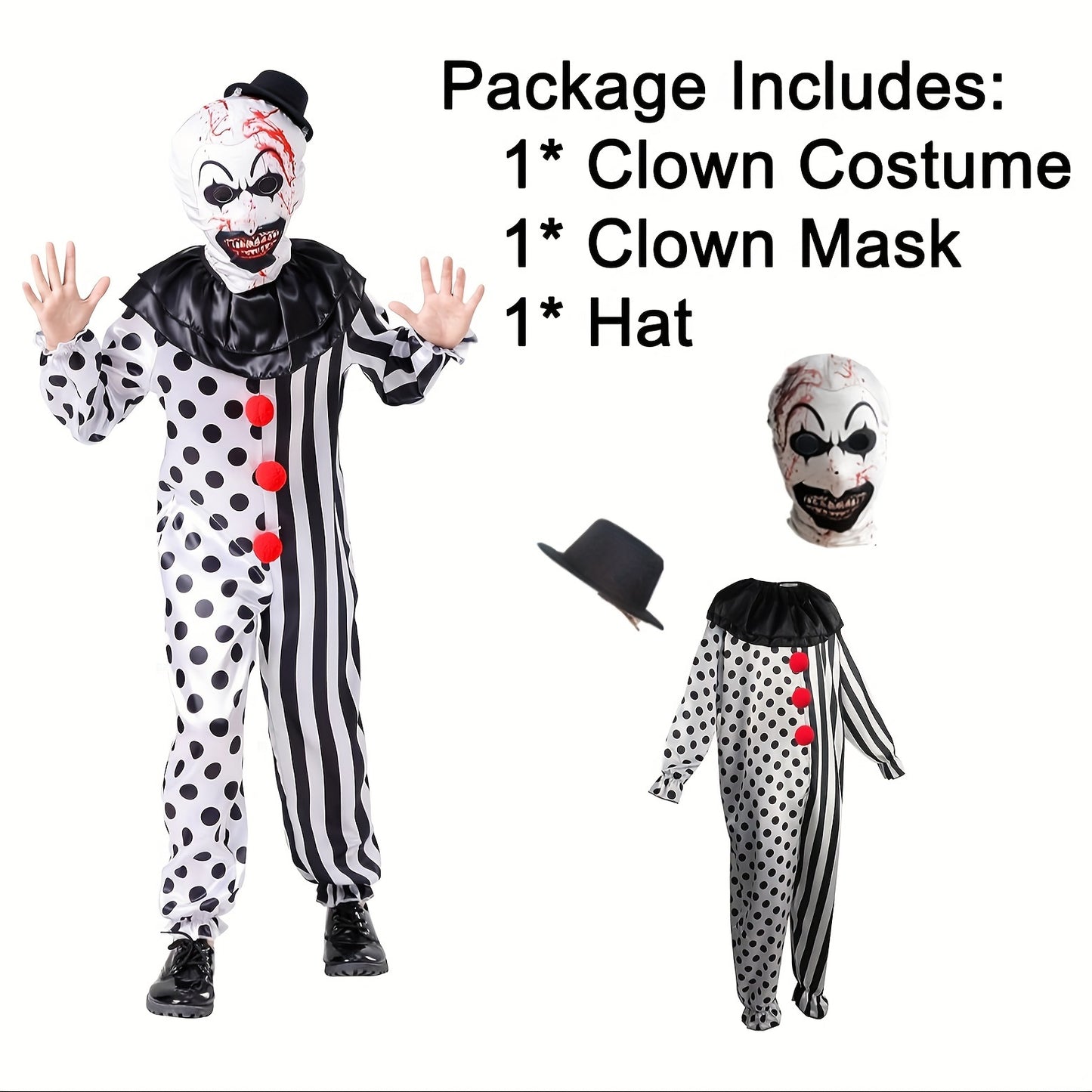 Neutral Children's Clown Costume Jumpsuit, Black And White Halloween Costume, Role-playing With Mask Hat