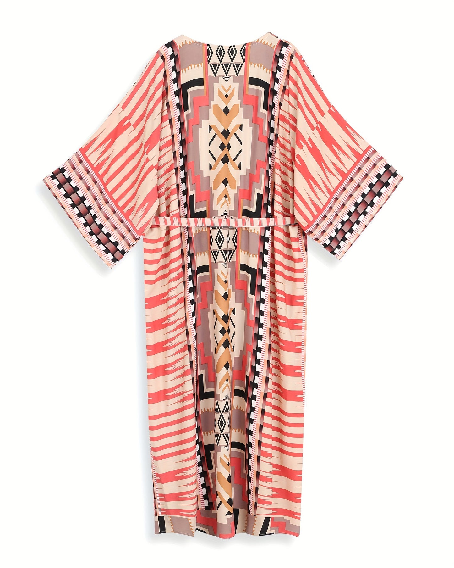 Geo Print Open Front Belted Kimono, Boho Long Sleeve Beachwear Cove Up.