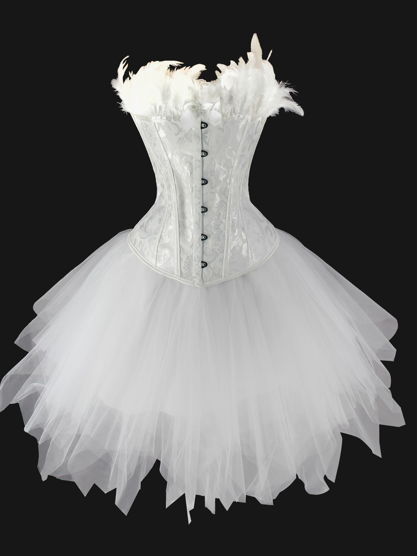 Cosplay Corset & Skirt Set, Jacquard Feather Trim Strapless Body Shaper Tube Top & Elastic Waist Tutu Skirt Outfits,