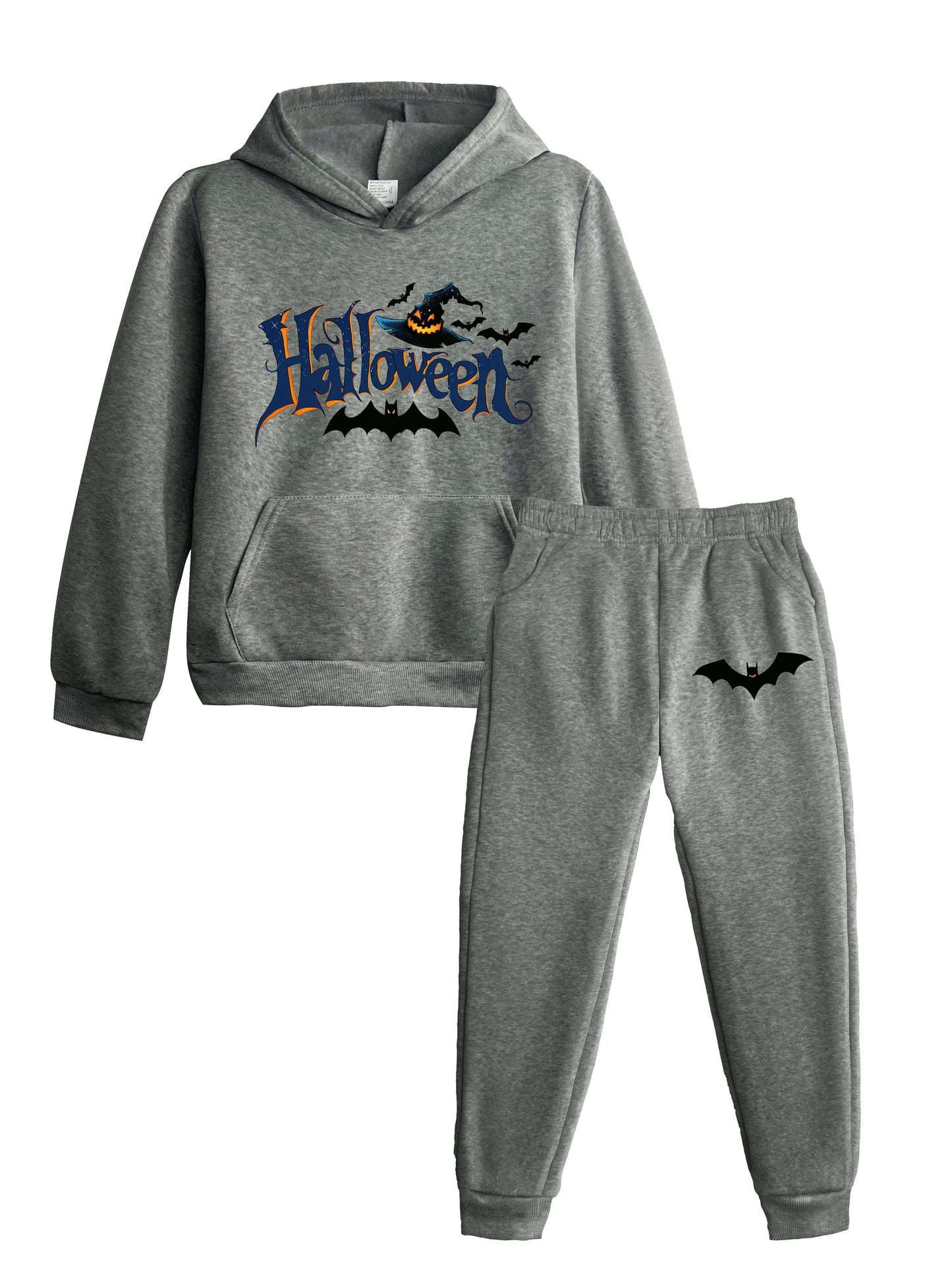 Kids' Halloween Costume Set, Bat And Witch Print Hoodie And Sweatpants, Casual Outfit For Boys, Autumn And Winter