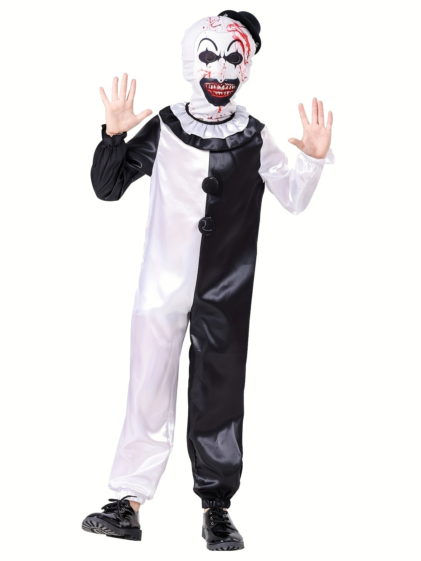 Horror Themed Party Outfit For Boys - Black And White Clown Jumpsuit And Matching Mask - Scary Clown Dress Up Clothes Set, Perfect For Halloween Holiday Carnival Party