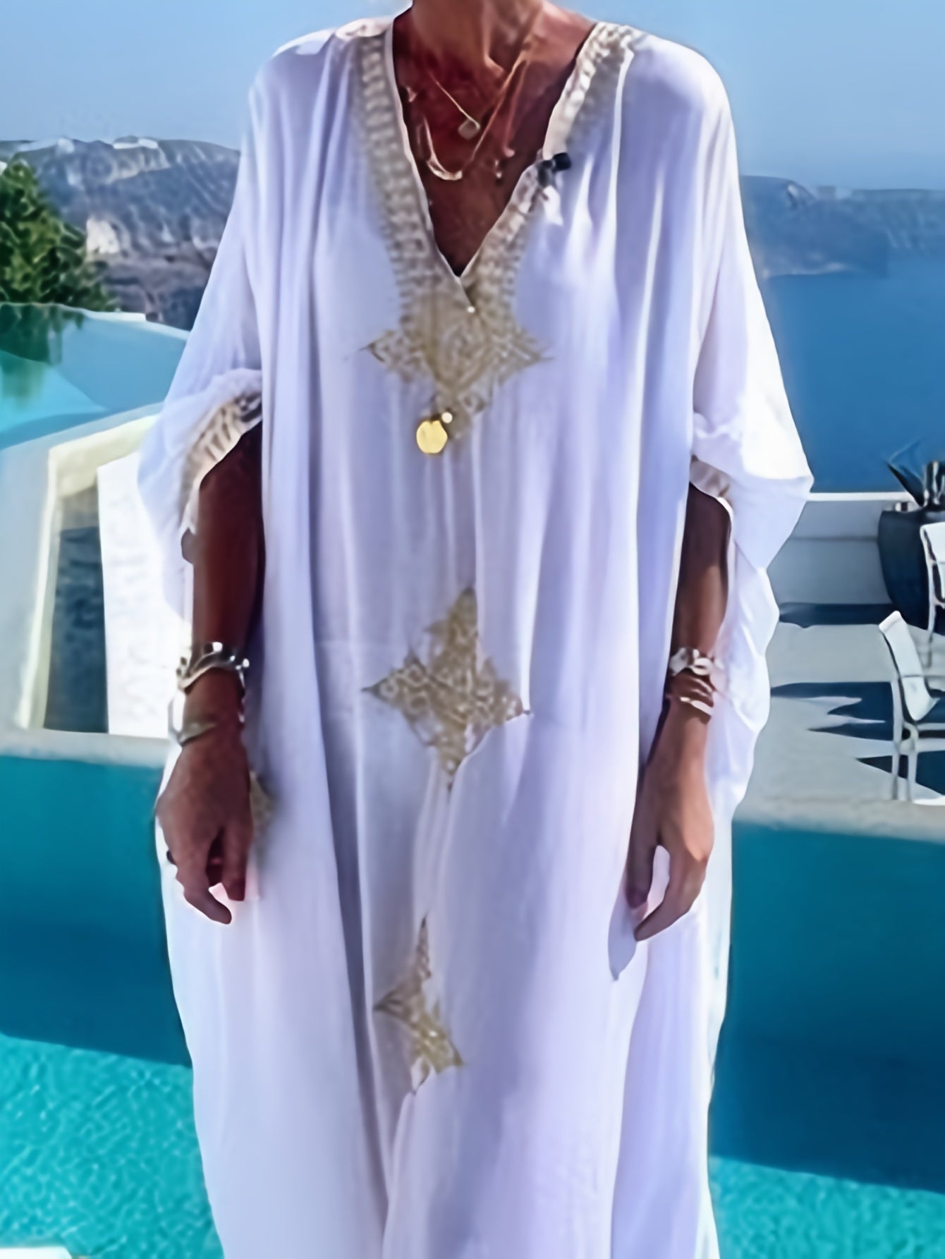 Graphic Embroidered V Neck Loose Kaftan Dress, Elegant Batwing Sleeve Maxi Coverup Dress,Bohemia