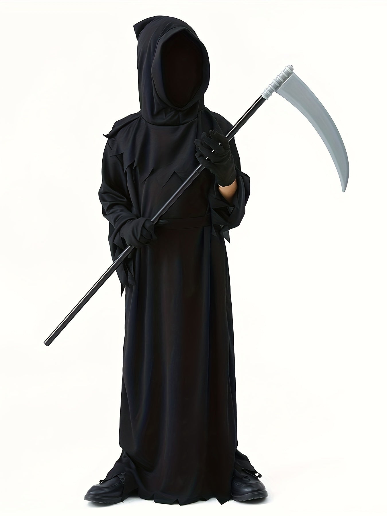 Halloween Youth Grim Reaper Costume Set with Glowing Eyes, Sickle & Luminous Accessories - Includes Headgear, Jumpsuit, Belt, Gloves - Ideal for Party Costume