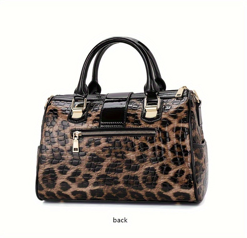 Leopard Print Handbag For Women, Crocodile Pattern Boston Bag, Luxury Genuine Leather Satchel Purse