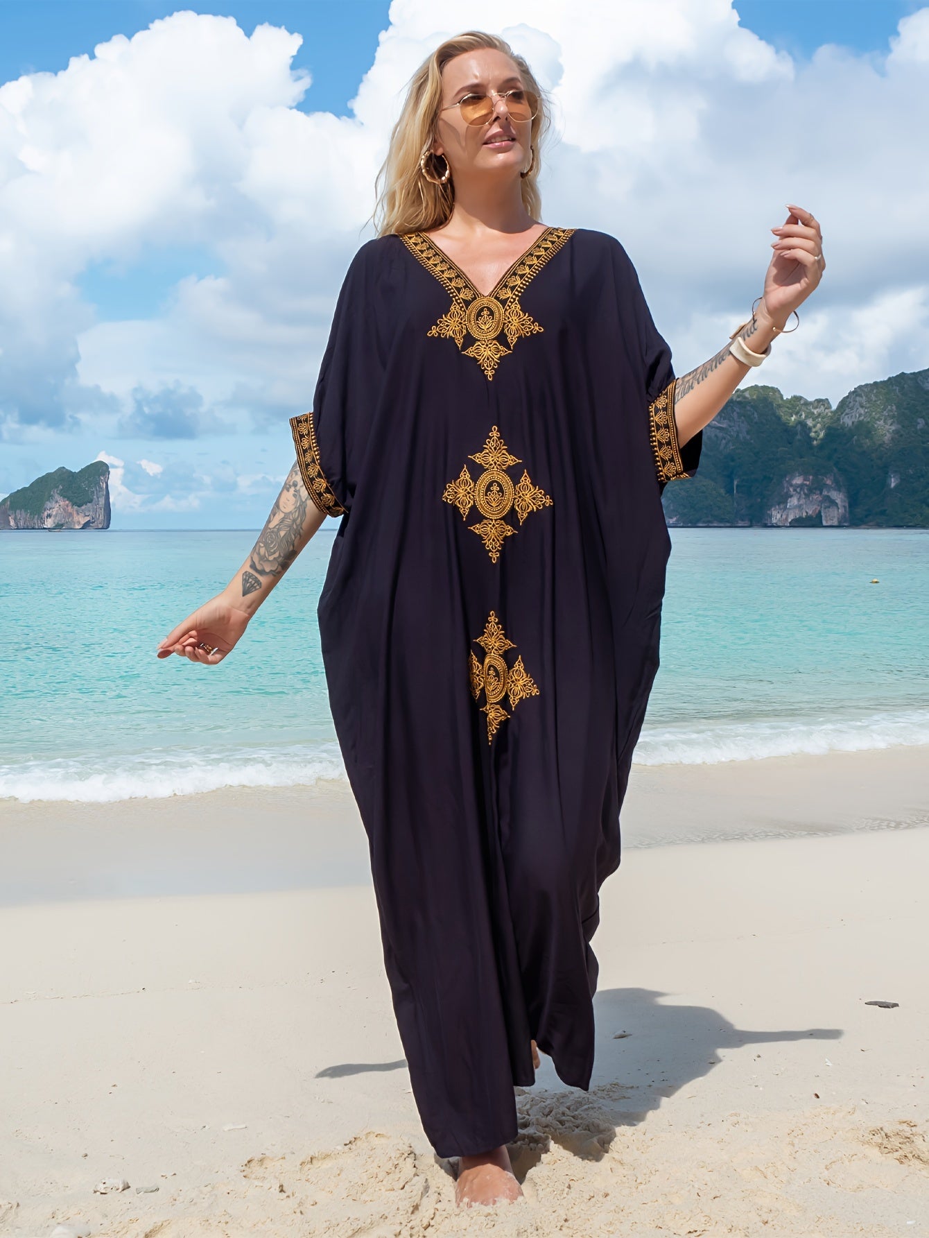 Graphic Embroidered V Neck Loose Kaftan Dress, Elegant Batwing Sleeve Maxi Coverup Dress,Bohemia