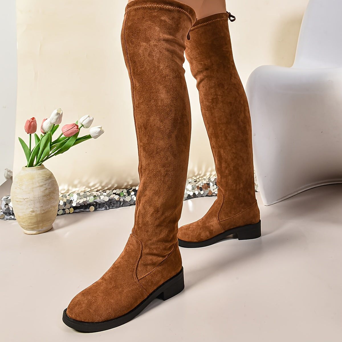 Chic Over-The-Knee Boots For Women - Casual Stretch Fit With Chunky Heel, Slip-On Design, Soft Velvet Lining - Perfect For Winter