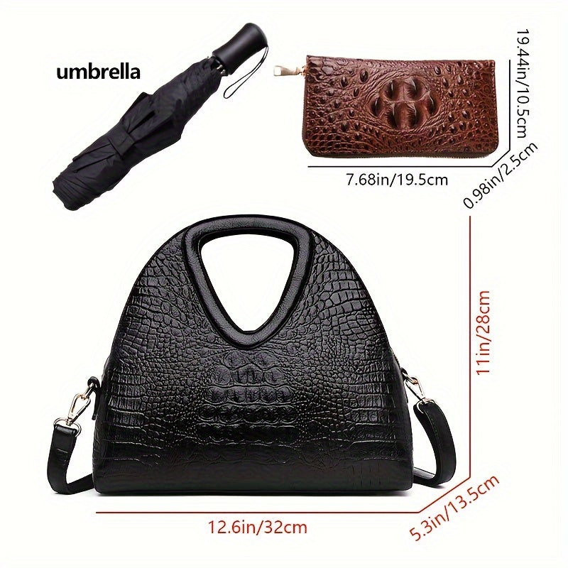 2-Piece Set PU Leather Handbag & Clutch Zipper Purse, Crocodile Embossed, Fashion Commuter Bags