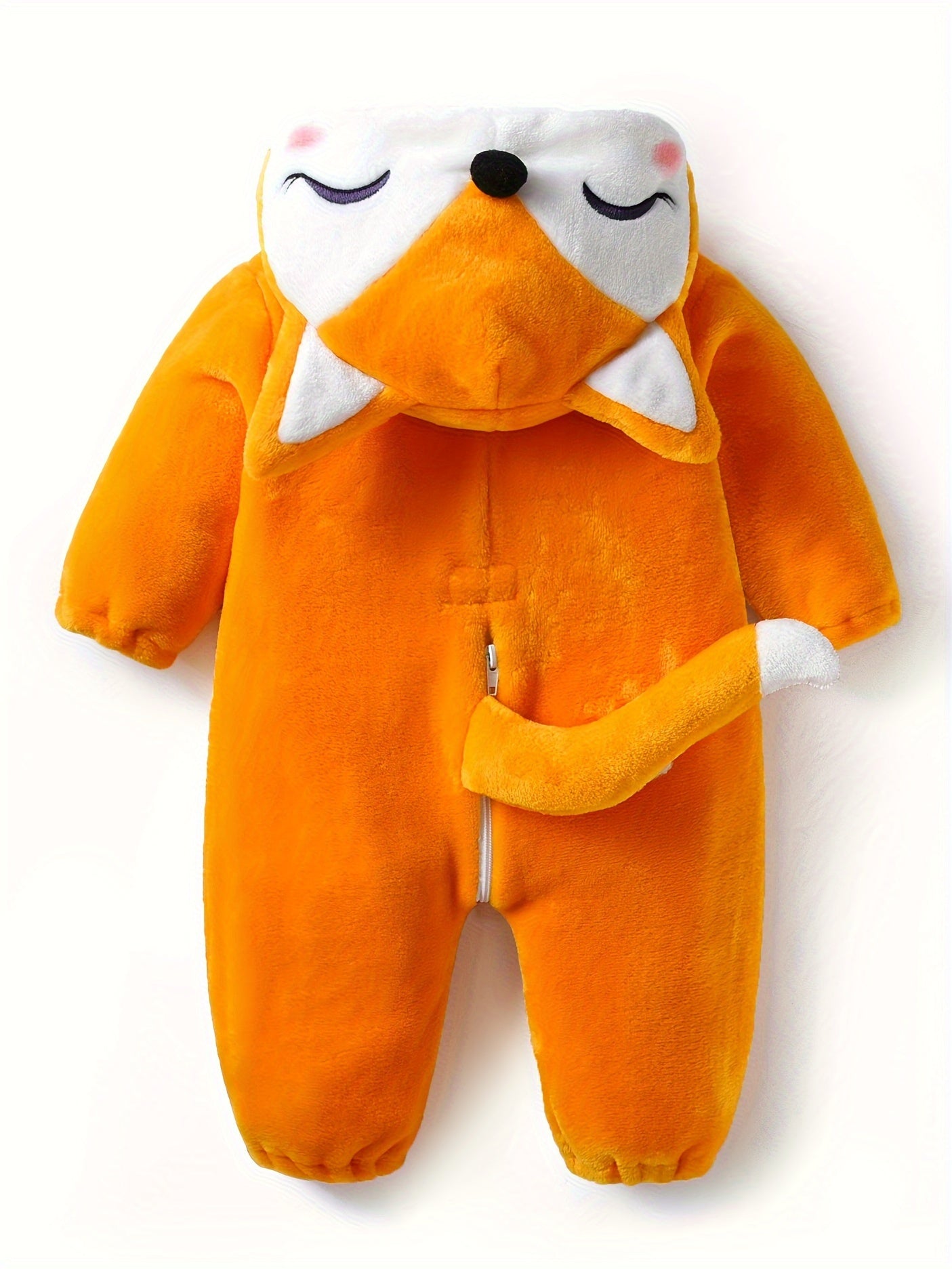 Unisex Baby's Fox Shape Onesie, Toddlers Animal Costume Outfit, Warm Fuzzy Cute Fox Romper For Kids, Cozy Hooded Jumpsuit With Tail, Soft Comfortable Playwear For Infants.