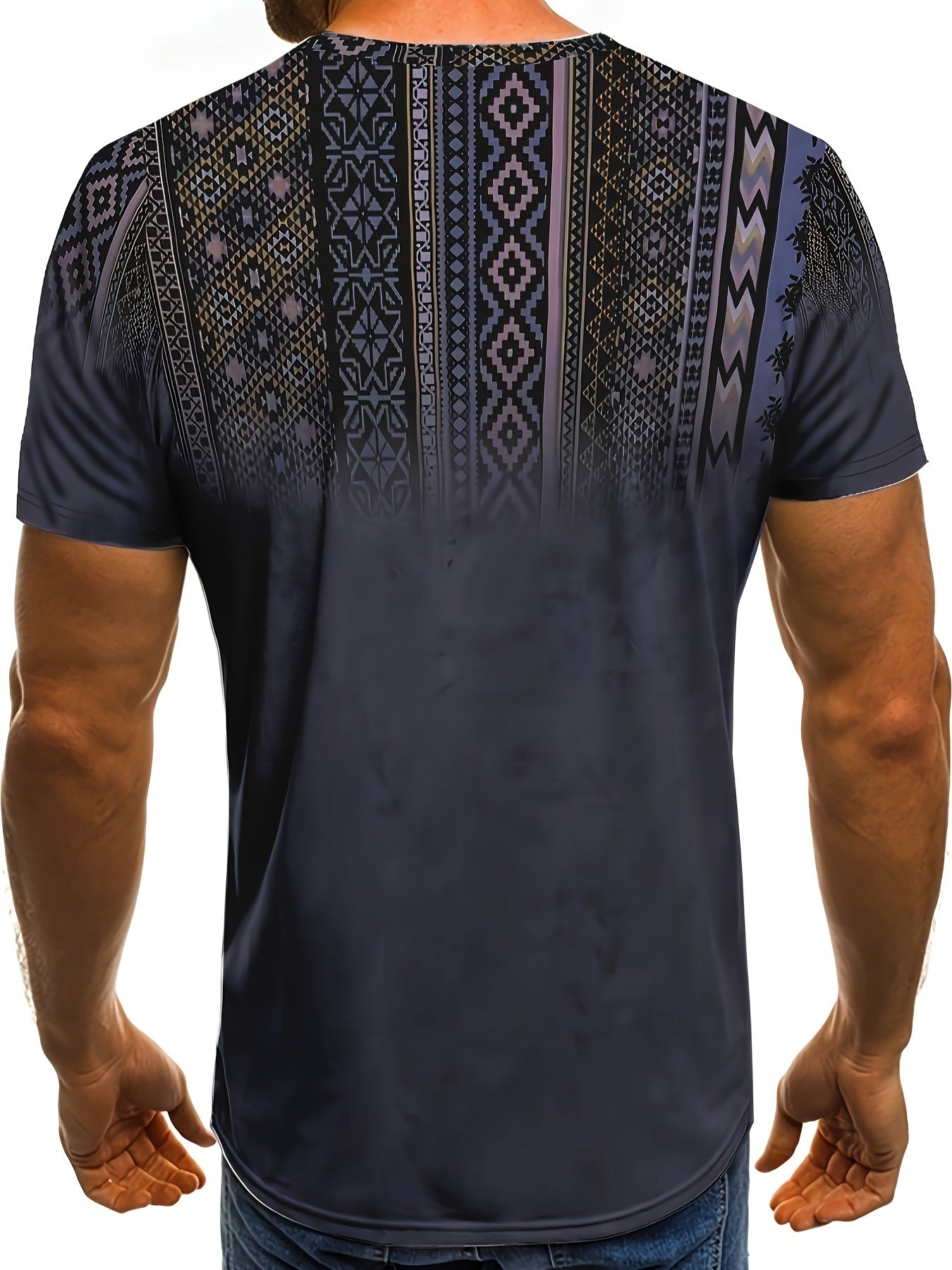 Bohemian Ethnic Style Graphic Pattern T-shirt With Crew Neck And Short Sleeve, Stylish And Chic Tops For Men's Summer Daily And Holiday Wear, Tops Suitable As Gifts