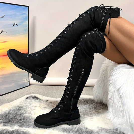 Mid Heel Womens Thigh High Boots - Soft Flannel Lined, Lace Up, Round Toe, Comfortable, Warm, and Fashionable Flat Long Boots for Casual Occasions