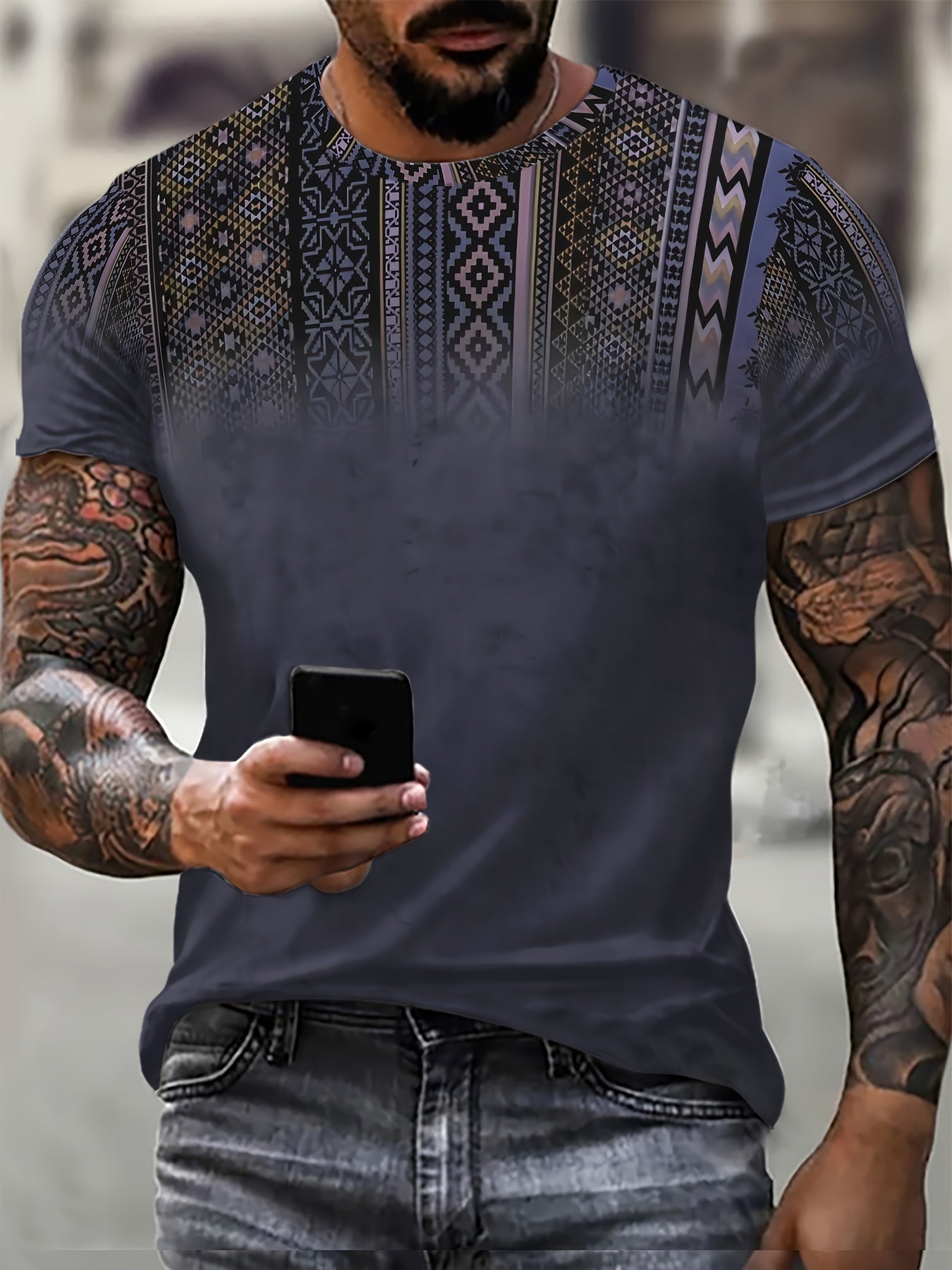 Bohemian Ethnic Style Graphic Pattern T-shirt With Crew Neck And Short Sleeve, Stylish And Chic Tops For Men's Summer Daily And Holiday Wear, Tops Suitable As Gifts