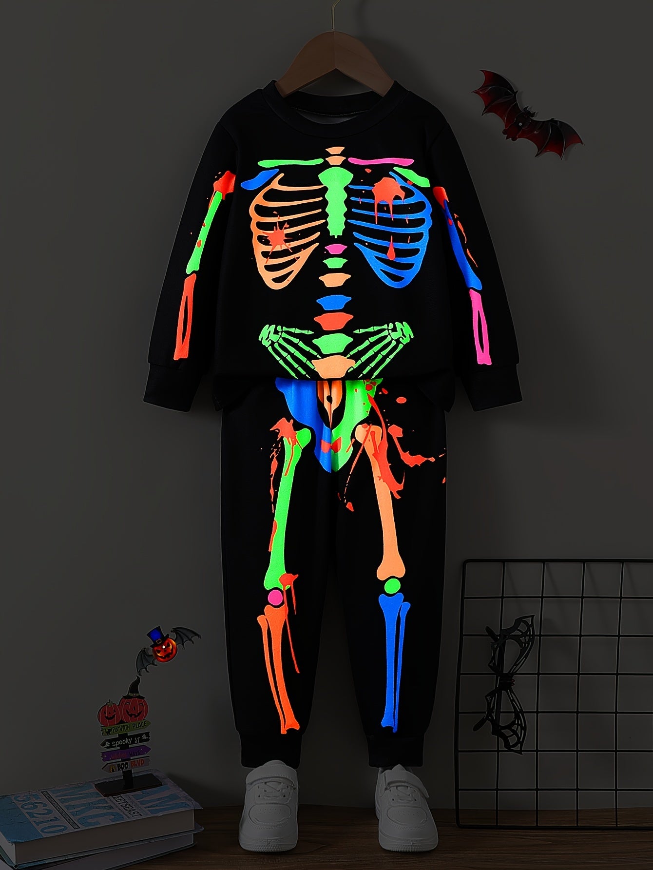 Kids Halloween Glow in the Dark Colorful Skeleton Print Long Sleeve Top and Pants Set - Party Style Polyester Outfit with Slight Stretch, Fit for Ages 12 and Under