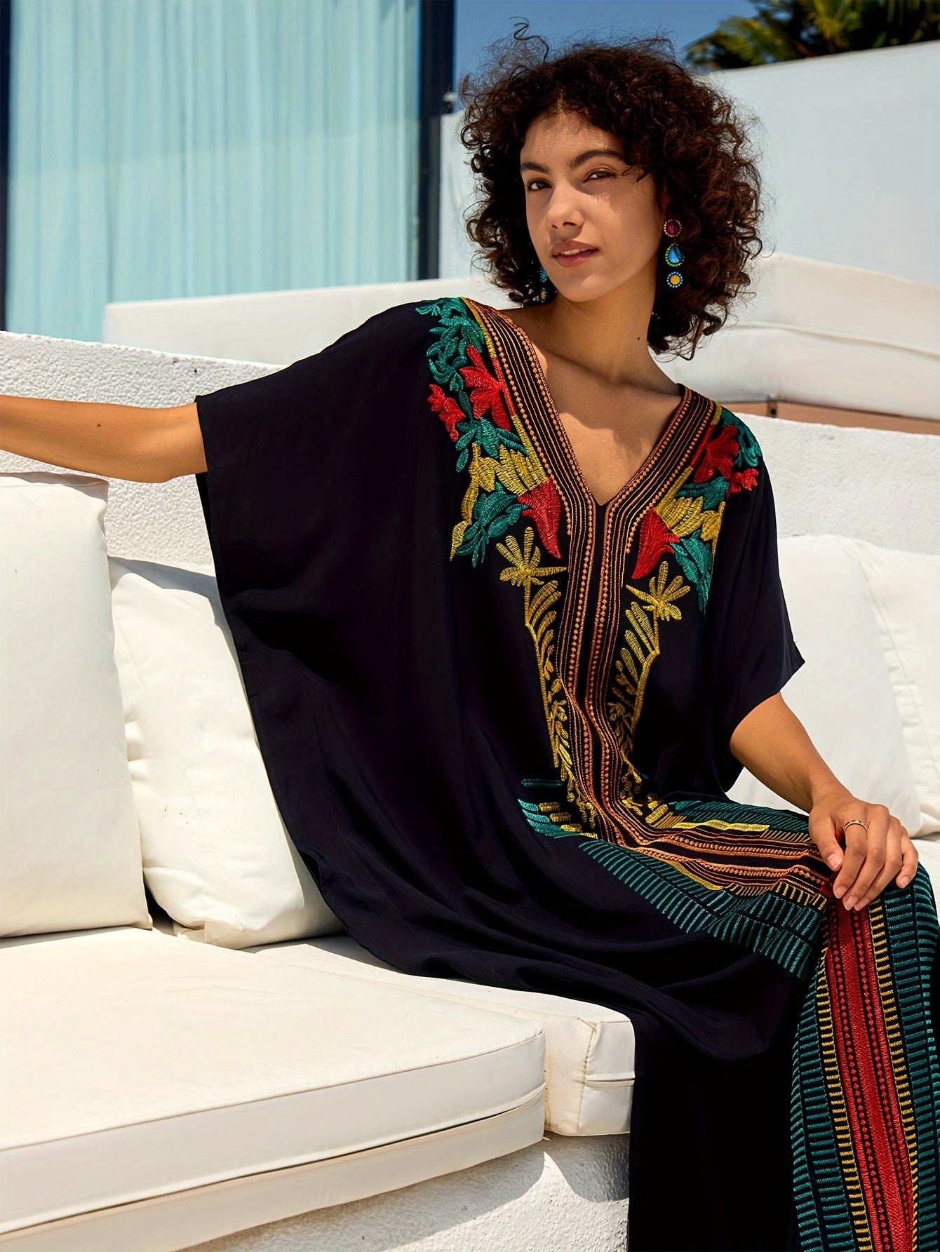 Embroidery Kaftan Dress Women Bohemian House Dress Split Thigh Beachwear Dubai Abaya