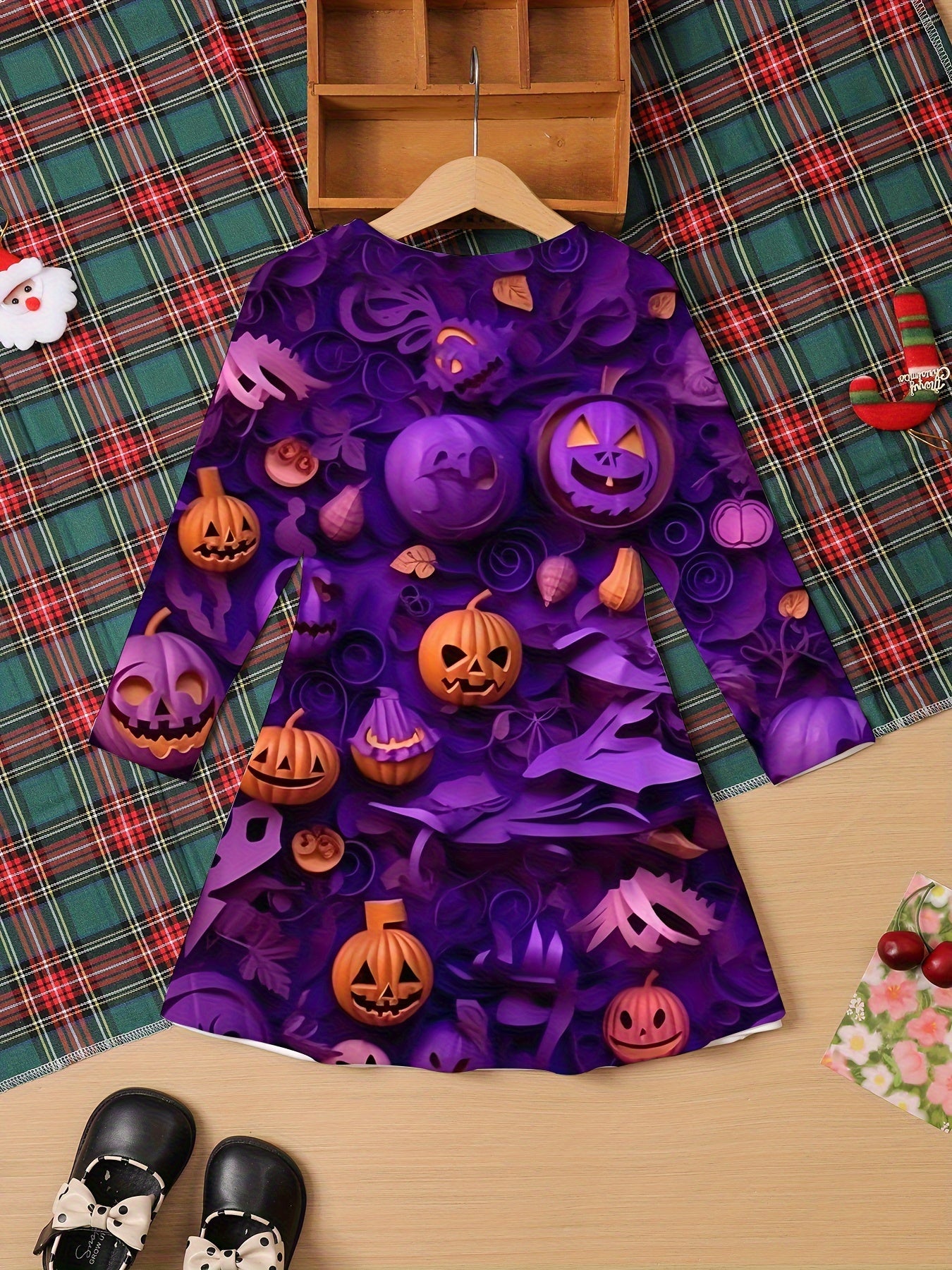 Kids' Halloween A-Line Dress - Long Sleeve 3D Printed Pumpkin Tunics, Casual Polyester Knit Fabric with Slight Stretch for Children Aged 3-12