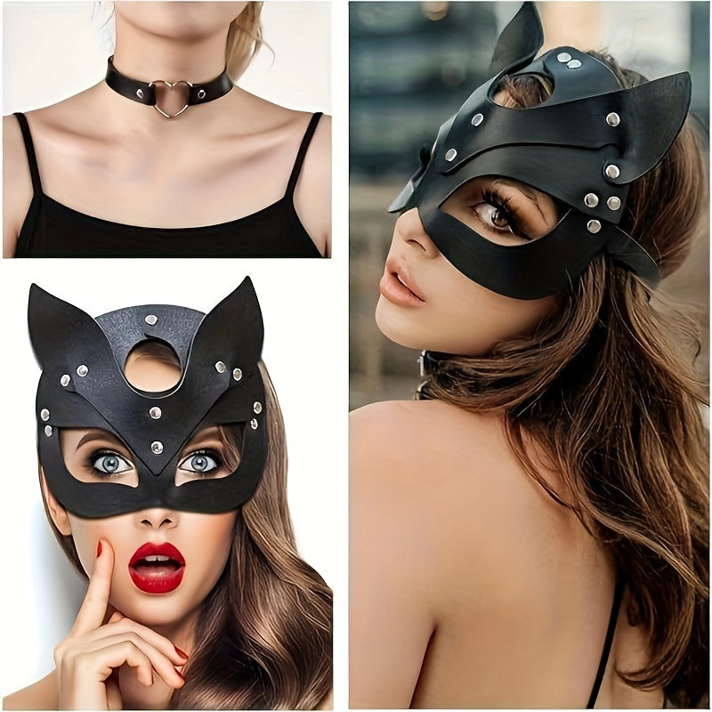 Black Leather Cat Lady Mask And Collar Set