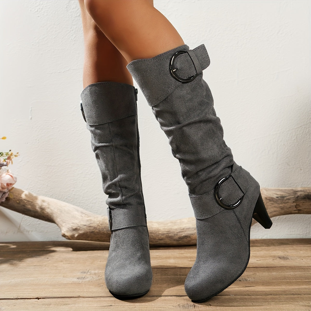 Chic Women's Knee-High Boots with Pointed Toe, Block Heel & Side Zipper - Comfortable Fabric Lining