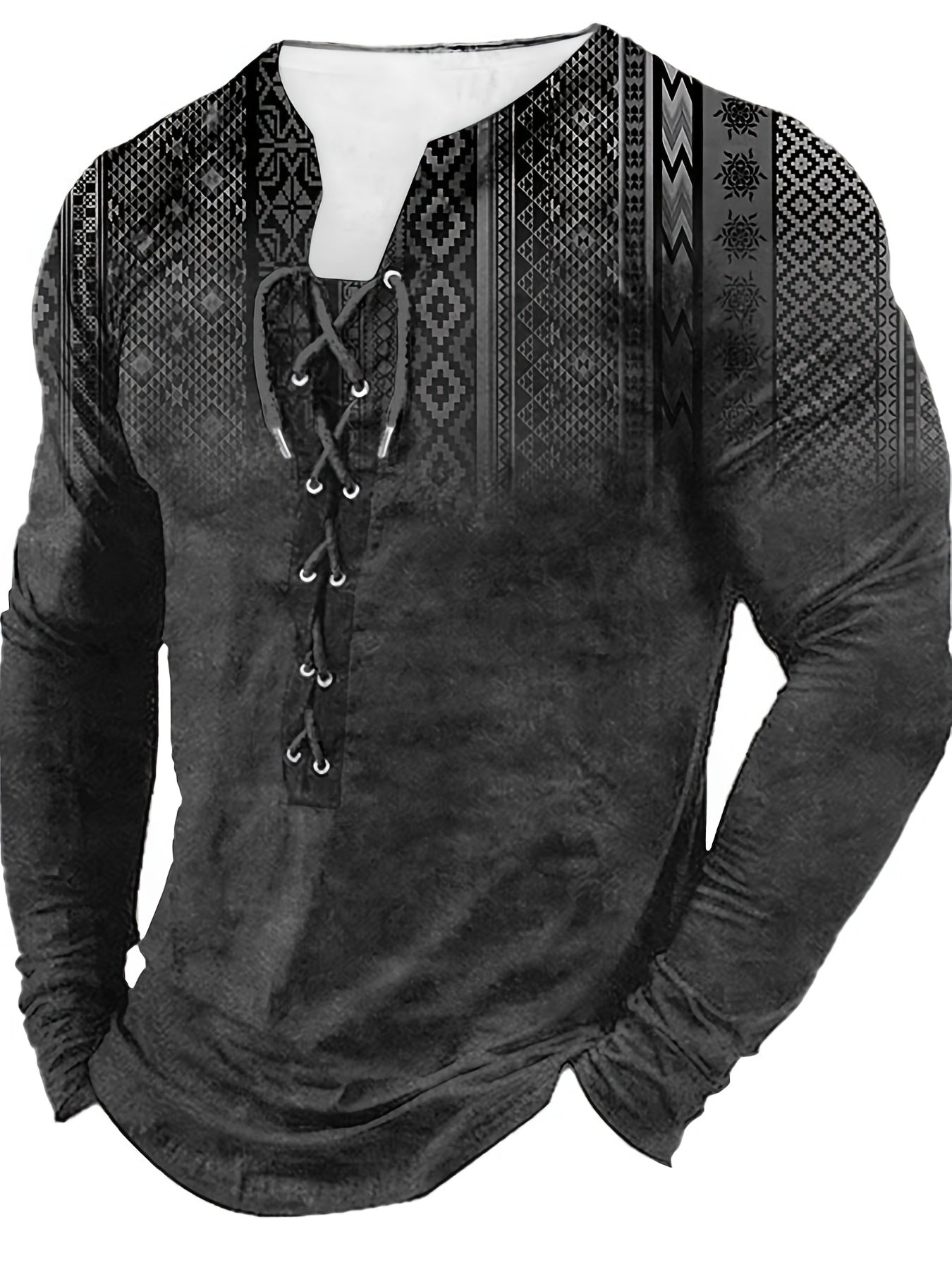 Bohemian Style Pattern Men's Vintage Long Sleeve Henley Tee, Spring Fall, Gift For Men