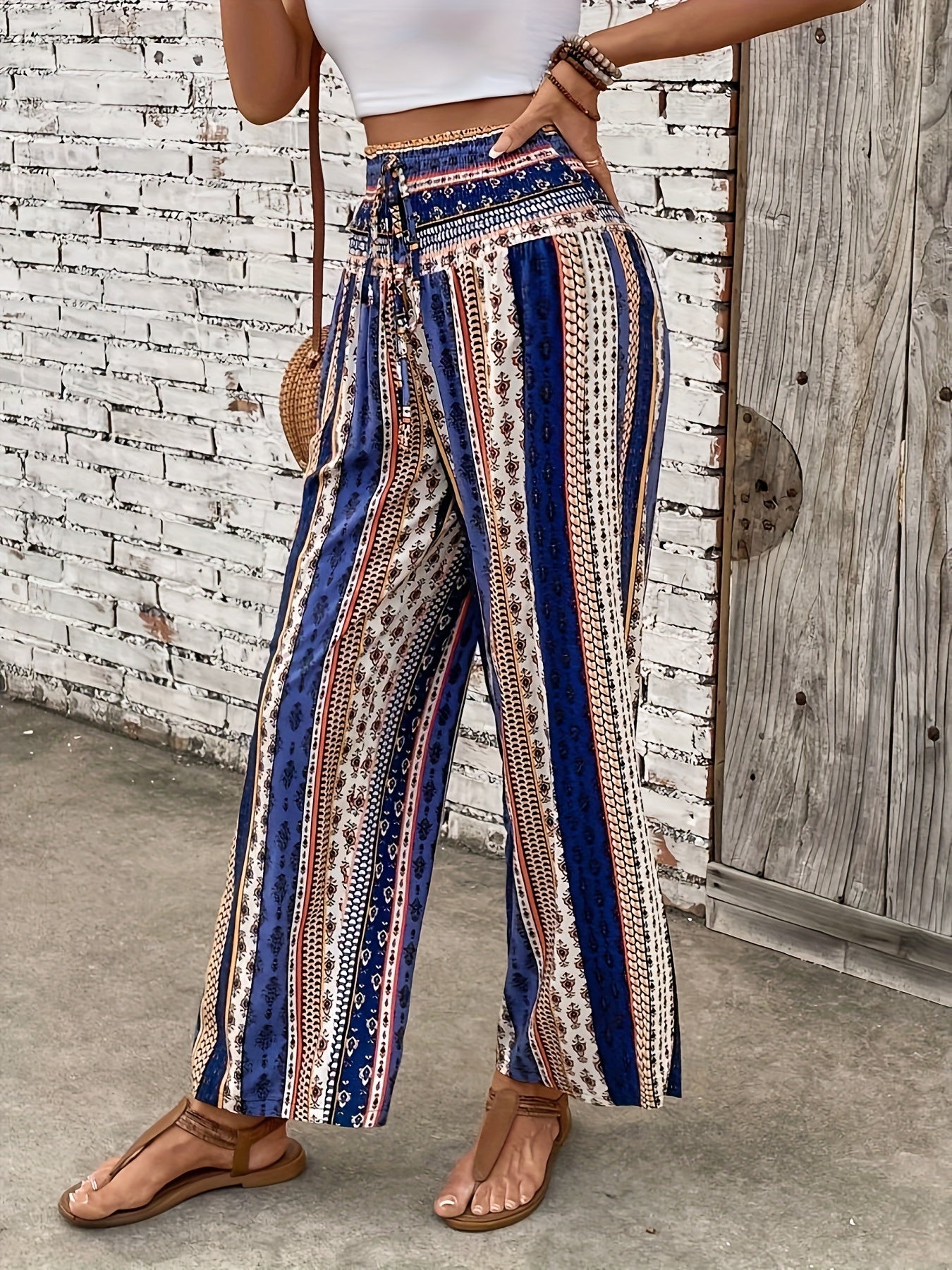 Ethnic Graphic Print Pants, Boho Shirred Waist Wide Leg Pants