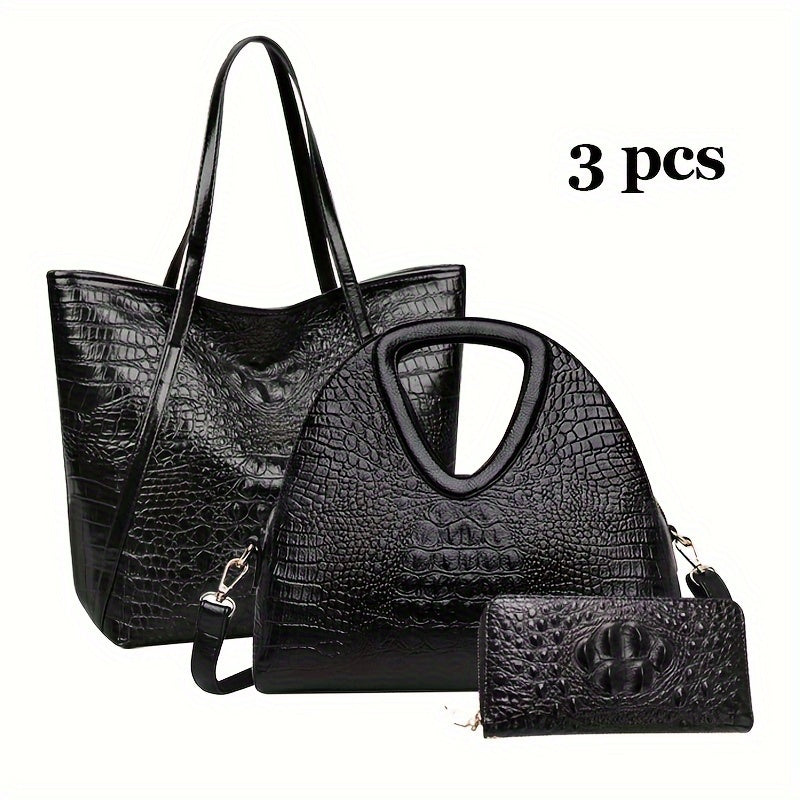 2-Piece Set PU Leather Handbag & Clutch Zipper Purse, Crocodile Embossed, Fashion Commuter Bags