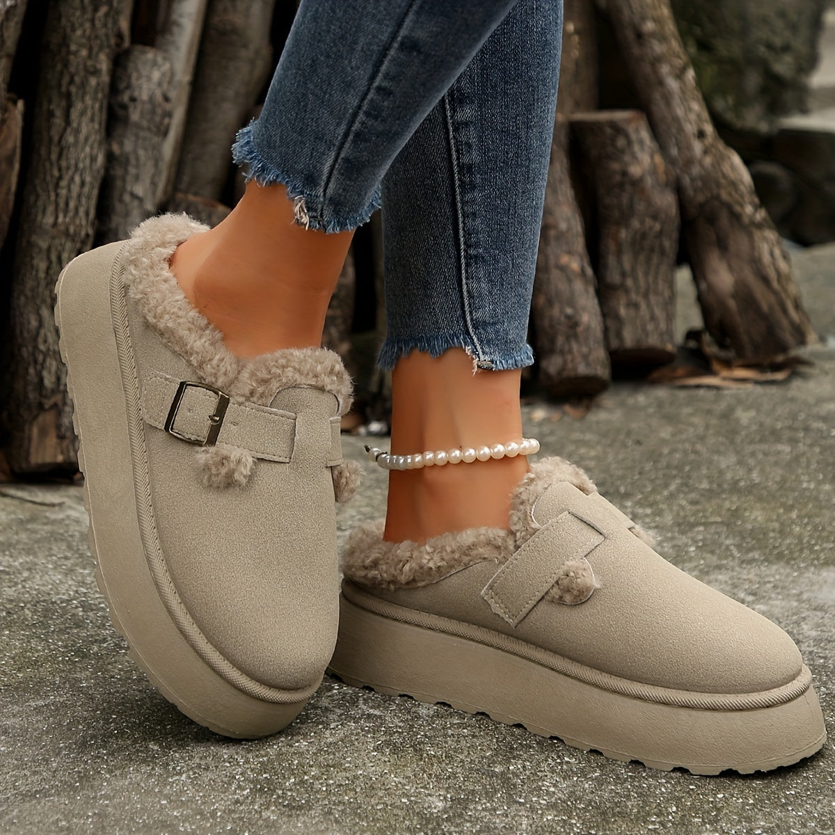 Cozy Plush Lined Ankle Boots - Soft Solid Color Design, Comfortable Buckle Strap, Warm Winter Shoes for Women - Perfect for Cold Weather, Casual Daily Wear