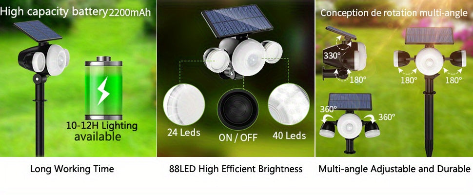 1pc Solar Outdoor Lights 88 LED, Solar Lawn Lights With Motion Sensor, 3 Adjustable Heads, 360° Lighting Wall Lights, Solar Spotlight With 2 Mounting Modes, IP65 Waterproof Solar Security Floodlight For Road Lawn Garage