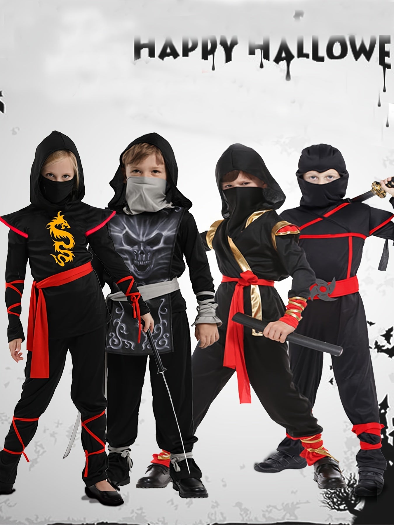 Kids Ninja Costume Set - Halloween Cosplay Ninja Outfit with Accessories for Children - Polyester and Spandex Blend Party Costume - Slight Stretch Solid Color Fabric - Woven Weave - Regular Fit for Boys and Girls Aged 3+