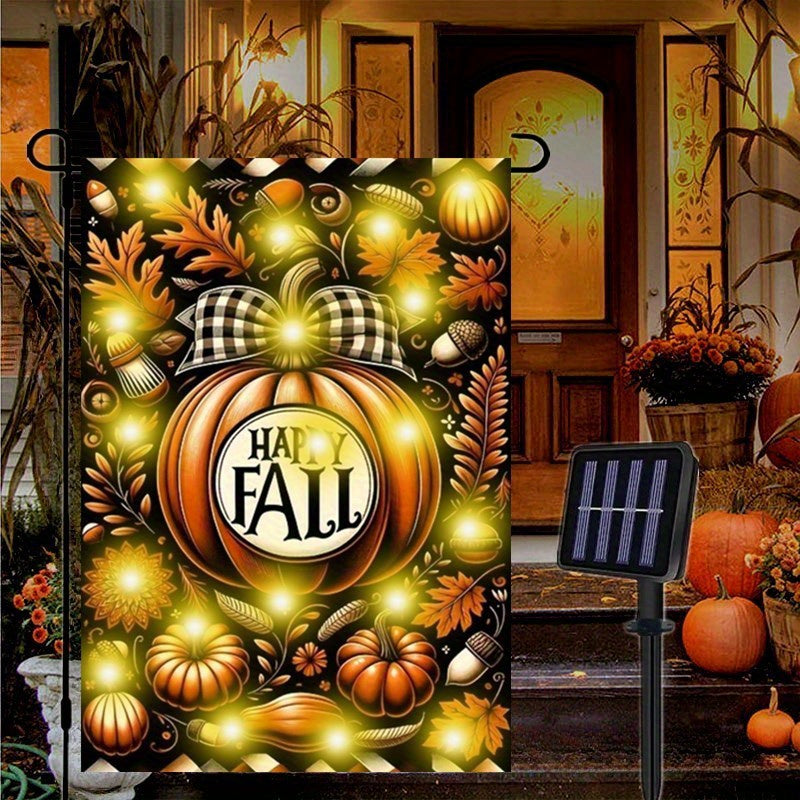 1pc, Solar Fall Pumpkin Welcome Garden Flag With Solar String Lights, Autumn Thanksgiving Halloween Holiday Harvest Yard Outdoor Decoration, Home Decor, Courtyard Garden Flag, 12x18 Inch (excluding Flagpole)