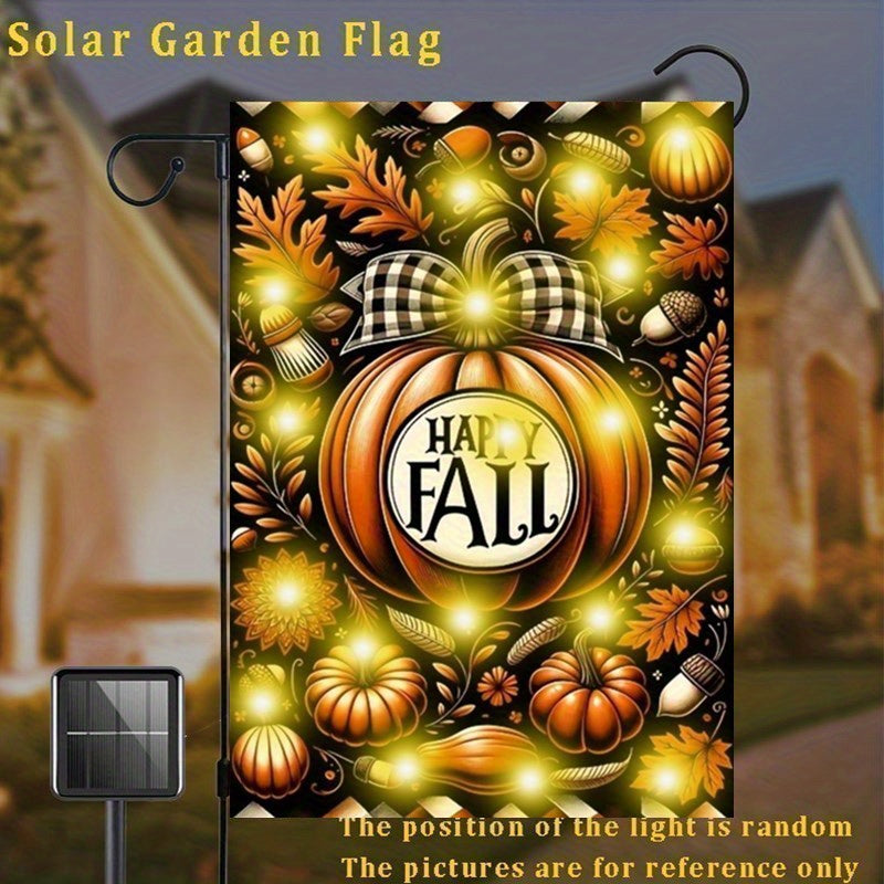 1pc, Solar Fall Pumpkin Welcome Garden Flag With Solar String Lights, Autumn Thanksgiving Halloween Holiday Harvest Yard Outdoor Decoration, Home Decor, Courtyard Garden Flag, 12x18 Inch (excluding Flagpole)