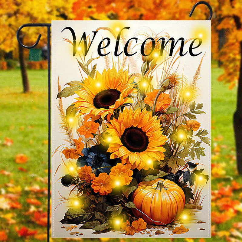 1pc, Solar Powered Garden Flag With Lights Charming Autumn Welcome Garden Flag, Double-Sided, Burlap With Sunflowers & Pumpkins Design, Perfect For Fall Decor, Outdoor, Yard, And Home Entrance, 12X18 Inches