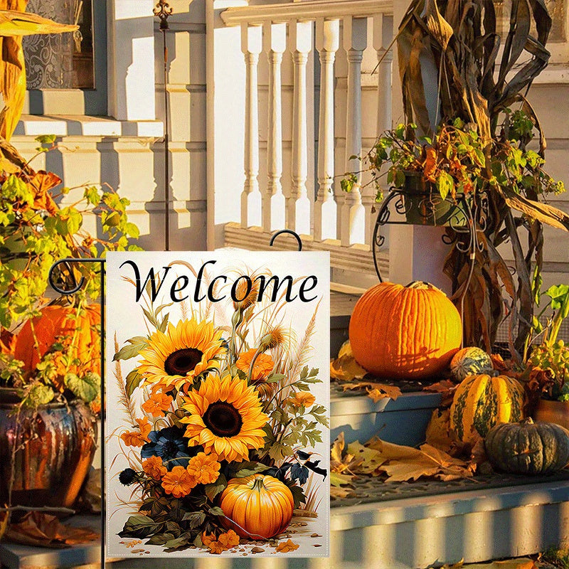 1pc, Solar Powered Garden Flag With Lights Charming Autumn Welcome Garden Flag, Double-Sided, Burlap With Sunflowers & Pumpkins Design, Perfect For Fall Decor, Outdoor, Yard, And Home Entrance, 12X18 Inches