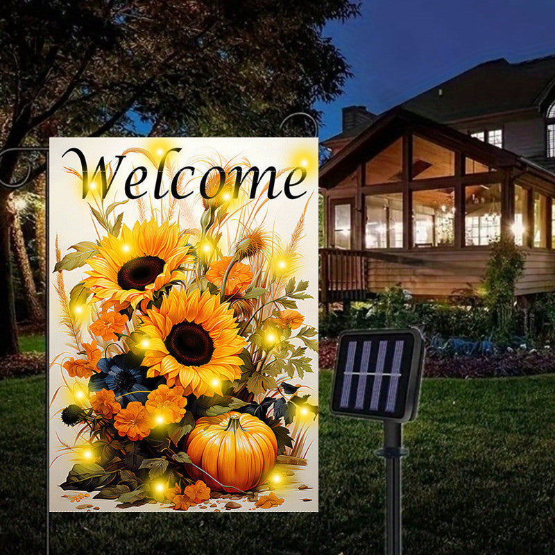 1pc, Solar Powered Garden Flag With Lights Charming Autumn Welcome Garden Flag, Double-Sided, Burlap With Sunflowers & Pumpkins Design, Perfect For Fall Decor, Outdoor, Yard, And Home Entrance, 12X18 Inches