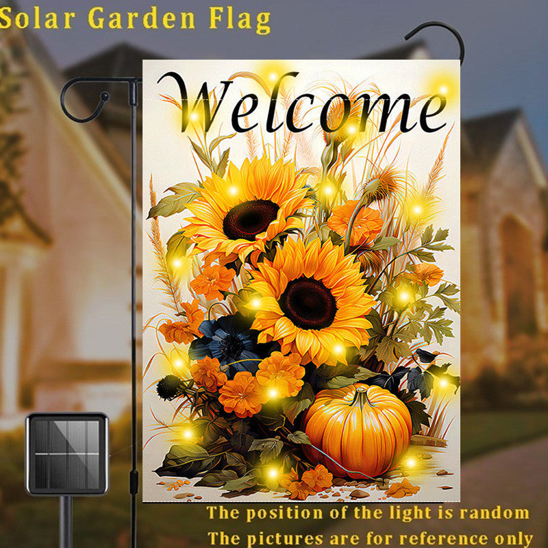 1pc, Solar Powered Garden Flag With Lights Charming Autumn Welcome Garden Flag, Double-Sided, Burlap With Sunflowers & Pumpkins Design, Perfect For Fall Decor, Outdoor, Yard, And Home Entrance, 12X18 Inches