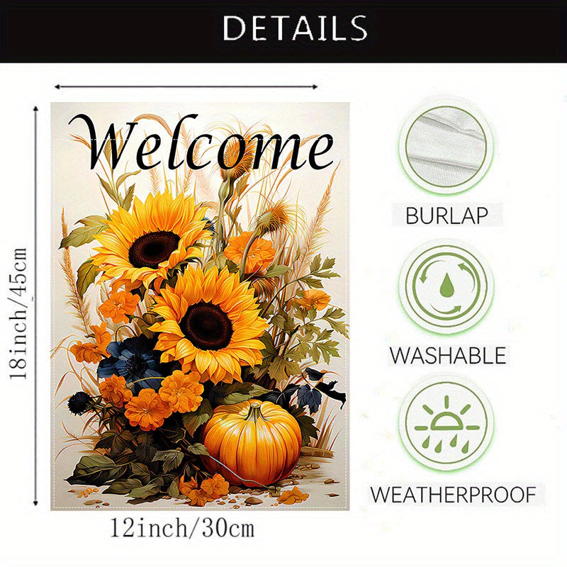 1pc, Solar Powered Garden Flag With Lights Charming Autumn Welcome Garden Flag, Double-Sided, Burlap With Sunflowers & Pumpkins Design, Perfect For Fall Decor, Outdoor, Yard, And Home Entrance, 12X18 Inches