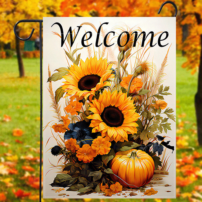 1pc, Solar Powered Garden Flag With Lights Charming Autumn Welcome Garden Flag, Double-Sided, Burlap With Sunflowers & Pumpkins Design, Perfect For Fall Decor, Outdoor, Yard, And Home Entrance, 12X18 Inches