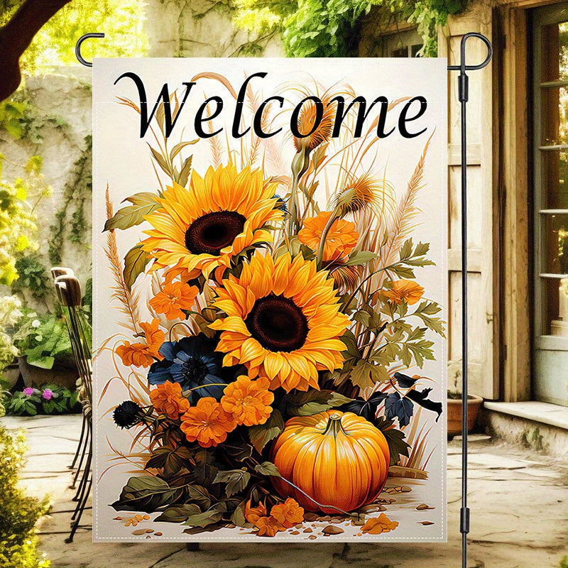 1pc, Solar Powered Garden Flag With Lights Charming Autumn Welcome Garden Flag, Double-Sided, Burlap With Sunflowers & Pumpkins Design, Perfect For Fall Decor, Outdoor, Yard, And Home Entrance, 12X18 Inches