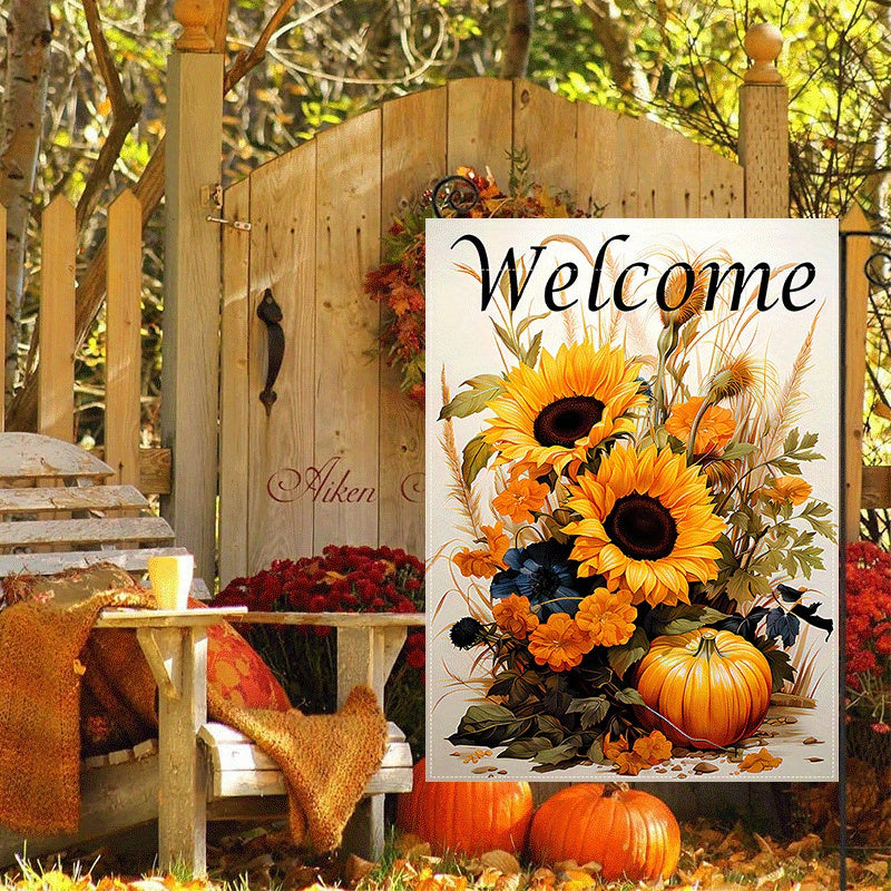 1pc, Solar Powered Garden Flag With Lights Charming Autumn Welcome Garden Flag, Double-Sided, Burlap With Sunflowers & Pumpkins Design, Perfect For Fall Decor, Outdoor, Yard, And Home Entrance, 12X18 Inches