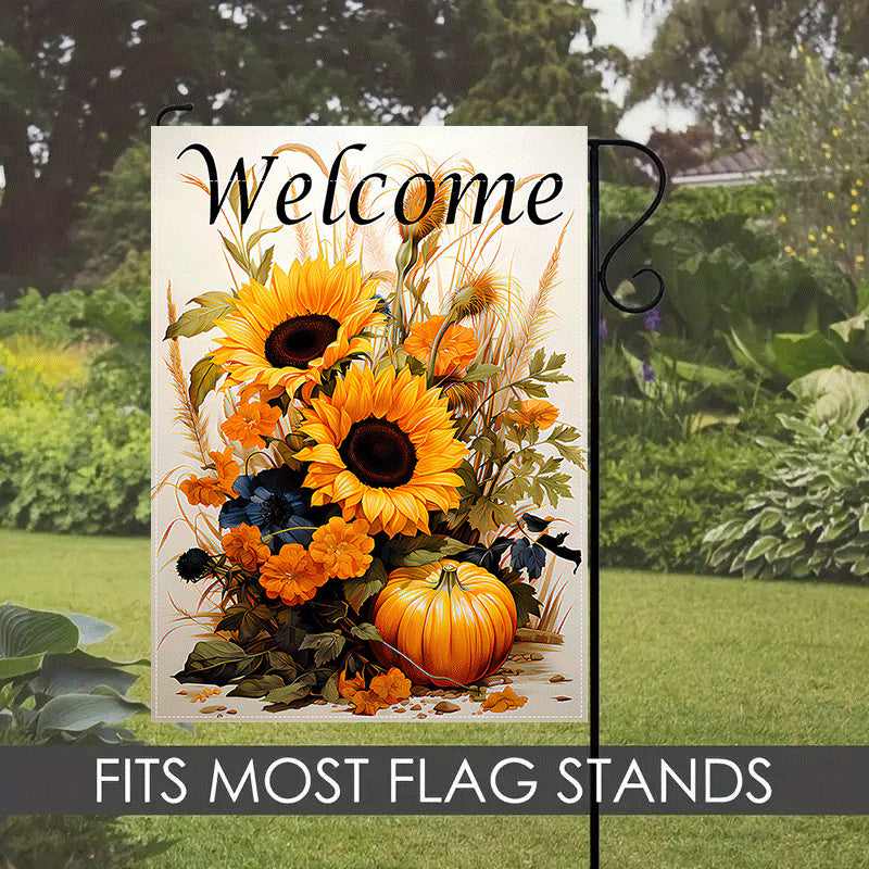 1pc, Solar Powered Garden Flag With Lights Charming Autumn Welcome Garden Flag, Double-Sided, Burlap With Sunflowers & Pumpkins Design, Perfect For Fall Decor, Outdoor, Yard, And Home Entrance, 12X18 Inches