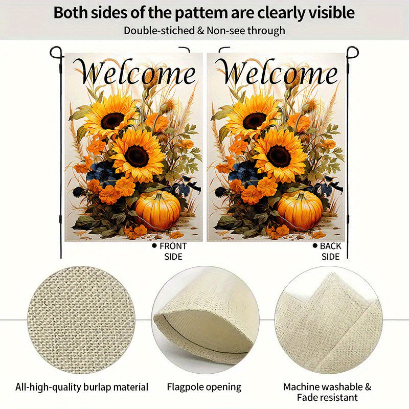 1pc, Solar Powered Garden Flag With Lights Charming Autumn Welcome Garden Flag, Double-Sided, Burlap With Sunflowers & Pumpkins Design, Perfect For Fall Decor, Outdoor, Yard, And Home Entrance, 12X18 Inches