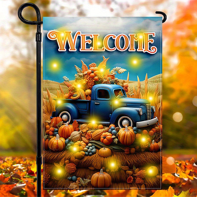 1pc, Solar Garden Flag With Lights "Pumpkin Patch" Happy Fall Thanksgiving Harvest Garden Flag, Double-Sided, Waterproof Burlap With Autumn Pumpkin Design, Welcome Outdoor Lawn & Porch Decor, 12X18 Inches