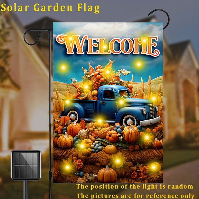 1pc, Solar Garden Flag With Lights "Pumpkin Patch" Happy Fall Thanksgiving Harvest Garden Flag, Double-Sided, Waterproof Burlap With Autumn Pumpkin Design, Welcome Outdoor Lawn & Porch Decor, 12X18 Inches