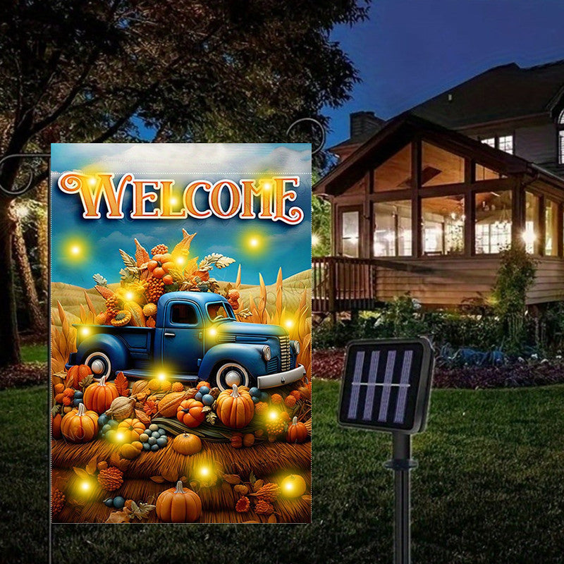 1pc, Solar Garden Flag With Lights "Pumpkin Patch" Happy Fall Thanksgiving Harvest Garden Flag, Double-Sided, Waterproof Burlap With Autumn Pumpkin Design, Welcome Outdoor Lawn & Porch Decor, 12X18 Inches