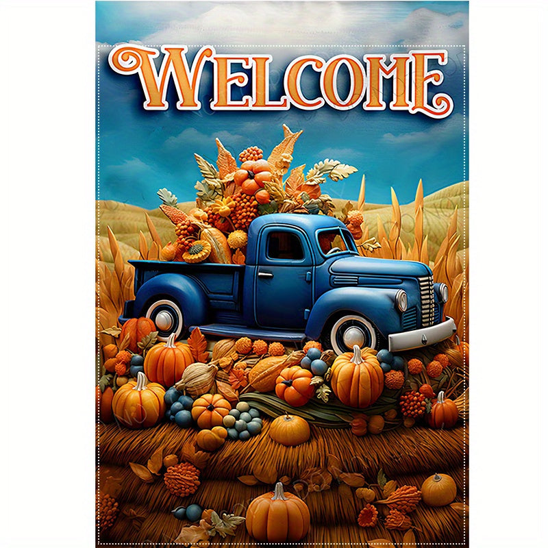 1pc, Solar Garden Flag With Lights "Pumpkin Patch" Happy Fall Thanksgiving Harvest Garden Flag, Double-Sided, Waterproof Burlap With Autumn Pumpkin Design, Welcome Outdoor Lawn & Porch Decor, 12X18 Inches