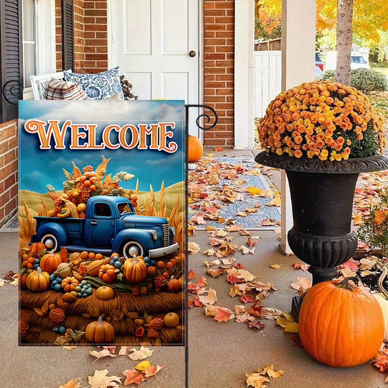 1pc, Solar Garden Flag With Lights "Pumpkin Patch" Happy Fall Thanksgiving Harvest Garden Flag, Double-Sided, Waterproof Burlap With Autumn Pumpkin Design, Welcome Outdoor Lawn & Porch Decor, 12X18 Inches